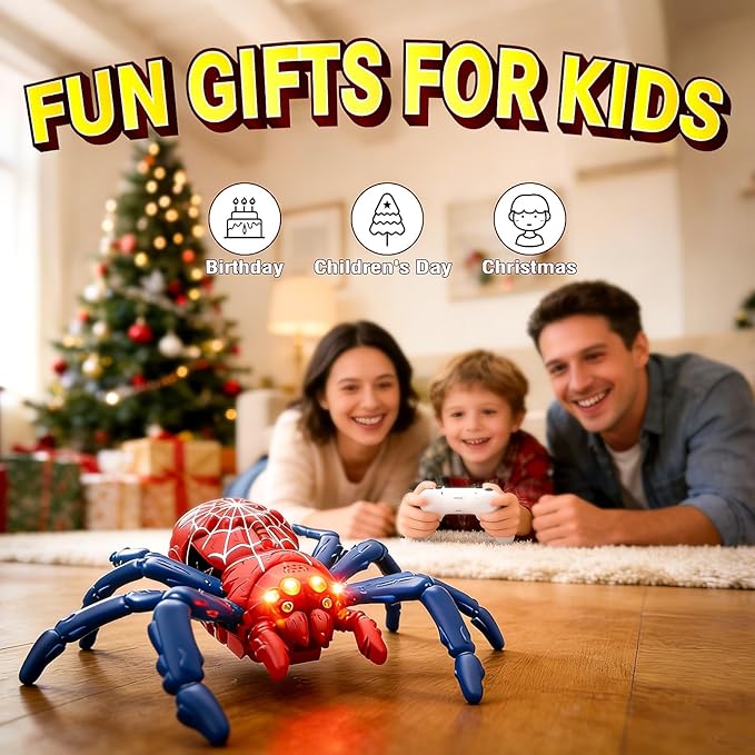 Wall Climbing Spider Remote Control Toy, Rechargeable RC Creepy Crawler with Glowing Eyes for Walls & Ceilings, Prank Halloween Birthday Gift for Kids Boys Girls Ages 3+ (Red)