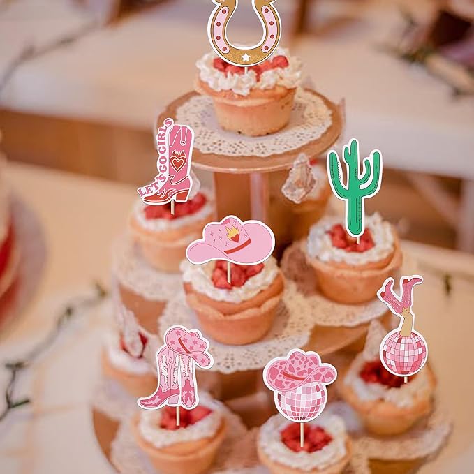 40 PCS Cowgirl Cupcake Toppers Double Sided HorseShoe Cactus Hat and Boot Cupcake Picks Disco Ball Cup Rodeo Cake Decorations for Western Cowgirl Theme Birthday Party Supplies