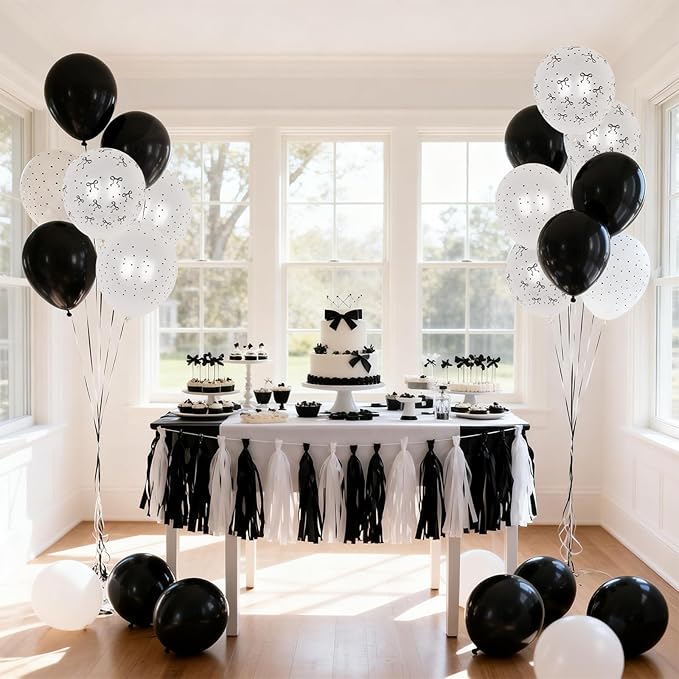 Black and White Bow Balloons, Pearl Black White Bow Print Latex Balloons for Women Girls Coquette Birthday Bachelorette Wedding Bridal Shower Engagement Anniversary Party Decorations