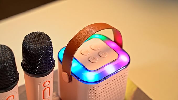 Mini Karaoke Machine with 2 Wireless Microphones for 5+ Years Old Kids, Rechargeable Portable Bluetooth Karaoke Singing Speaker with Voice Changing, RGB Light, for Birthday, Family, Home Party Gift