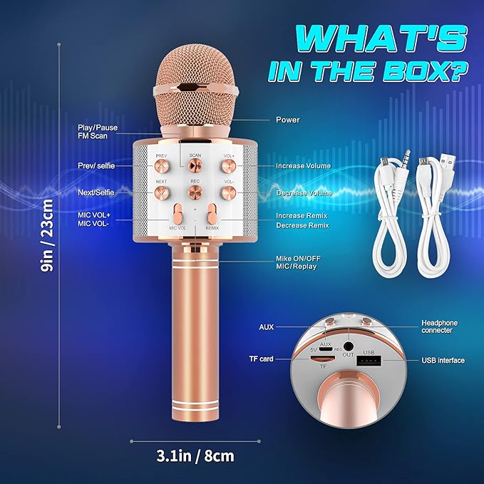 Microphone Gift Age 5-12 Girls Kids, Wireless Karaoke Microphone Toy for 6-11 Year Old Girl Children Singing Microphone Machine Gifts for 6-11 Year Old Girl Teens Birthday Gift for Girl Rose Gold MIC