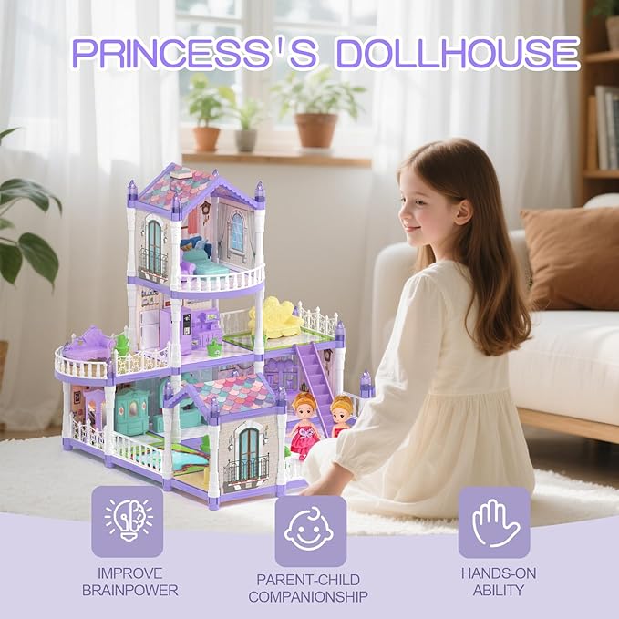 Princess Dollhouse Set, Lilac Purple Doll House with 9 Rooms on 3 Floors Includes 2 Dolls 2 Pets 12 Pieces of Furniture and Other Accessories, Prefect Gift for Girls Dreamy Dollhouse