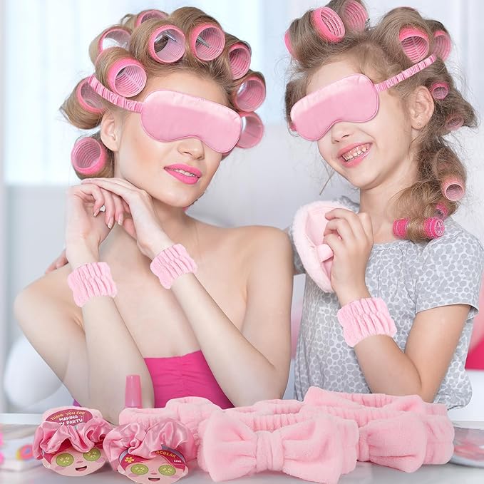 72 Pcs Spa Sleepover Party Supplies for Girls With DIY Stickers And Greeting Card Pink Headband Wristbands Eye Mask Hair Scrunchie Tote Bag Sleeping Slumber Party Favors