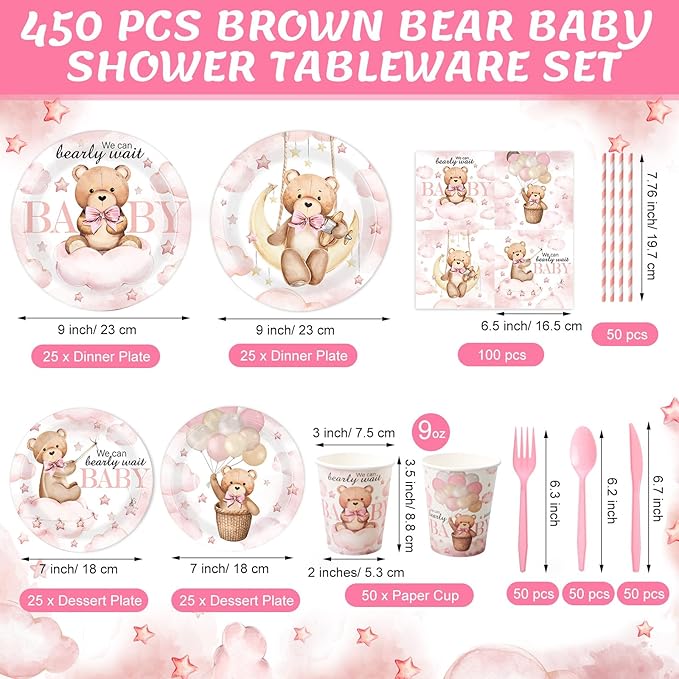 450 Pcs Pink Bear Baby Shower Tableware Set Decorations We Can Bearly Wait Paper Plates Napkins Cups Cutlery Straws for Pink Baby Shower Gender Reveal Birthday Party Supplies, Serves 50