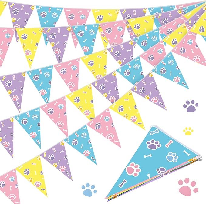 Tiamon 5 Pcs Blue Dog Paw Themed Birthday Banner Decoration Daisy Puppy Print Pennant Bunting 49.2 Ft Puppy Paw Print Triangle Flag for Kids Boy and Girl Birthday Dog Baby Showers Party Decoration