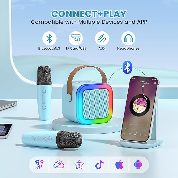 Mini Karaoke Machine for Kids,Portable Bluetooth Speaker with 2 Wireless Microphones,Toddler Music Player Toys,Easter Birthday Gifts for 3,4,5,6,7,8,9,10,11,12+Years Old Girls Boys
