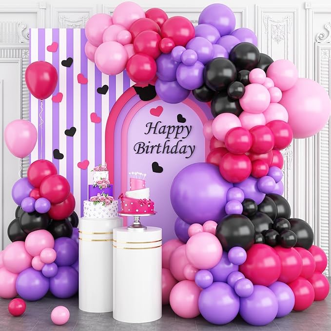 Hot Pink and Purple Balloon Arch Garland Kit, Rose Red Black Pink Purple Latex Balloon, Party Balloons for Girls Boys Birthday Party Decor Supplies