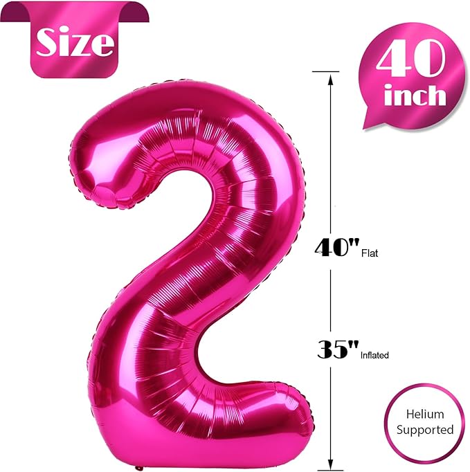 Hot Pink 2 Balloon, Number Balloons 40 Inch, 2nd Balloon Number Birthday Decorations, Second Two Birthday Party Supplies, Number 2 Balloon