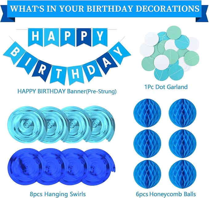 Blue Birthday Decorations Kit - 16-Piece Set with Pre-Strung Happy Birthday Banner, Honeycomb Balls, Garland & Swirls | Blue Theme Party Supplies for Men Boys Kids, Teens Adults