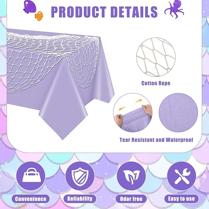 Unittype 8 Pcs Fish Net Decorative and Tablecloth Set, Cotton Fishnet and Plastic Table Cover Decorations Set for Nautical Themed Party Baby Shower Pirate Decorations Mermaid Party (Entranced)