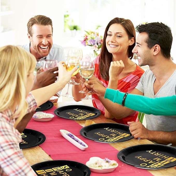 Whaline 96Pcs 30th Birthday Party Supplies Kit Black Gold Paper Tableware Plate Napkin Cup So Happy I'm Thirty Disposable Dinnerware Set for 24 Guests Party Table Decor