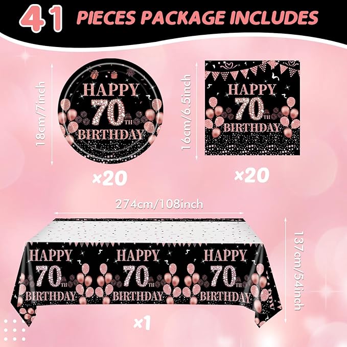 41PCS 70th Birthday Party Decorations, Black Gold Vintage 70th Tableware Set Paper Plate Napkin and Tablecloth, Back to 1955 Aged 70 Table Party Supplies, 70 Year Old Birthday Decor for Women Men
