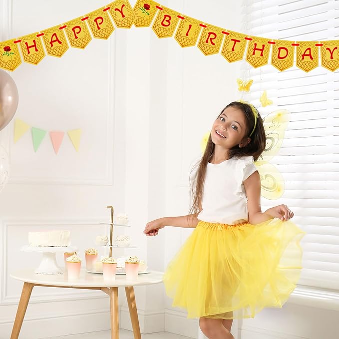 Ctosree Yellow Beauty Princess Party Supplies 8.2ft Happy Birthday Banner Signs Yellow Rose Flag Hanging Bunting Banner Flag for Photo Props Birthday Party Decoration