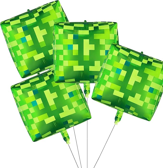 4Pcs Large Pixel Boxes Cube Foil balloons 22Inch Video Game Miner Theme Mylar Balloon Pixel Mining Game Birthday Party Decorations Supplies Green