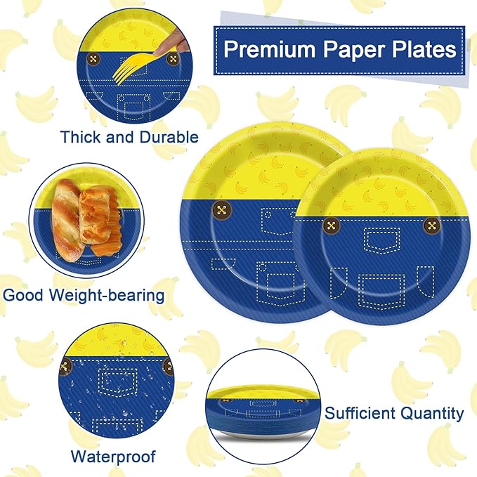 48pcs Yellow Cartoon Birthday Party Supplies Blue Jeans Paper Plates Cute Cartoons Dinner Dessert Plates Yellow Cartoon Theme Disposable Tableware for Boy Girl Birthday Baby Shower Party Decor