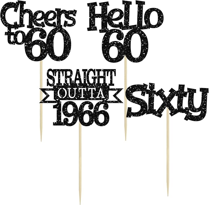 Ephlyn 24Pcs Happy 60th Birthday Cupcake Toppers Glitter Straight Outta 1966 Cupcake Picks Hello 60 Cheers to 60 Years Birthday Cake Decorations for 60th Birthday Anniversary Party Supplies Black