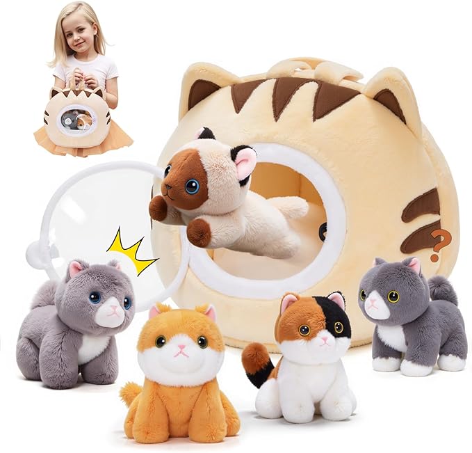 OUOZZZ Cat Stuffed Animal House – Plush Kitten Toy Set with 5 Soft Cats – Interactive & Travel-Friendly Kitties Carrier Playset for Toddlers & Kids – Huggable, Portable Birthday Gift for Baby Girls