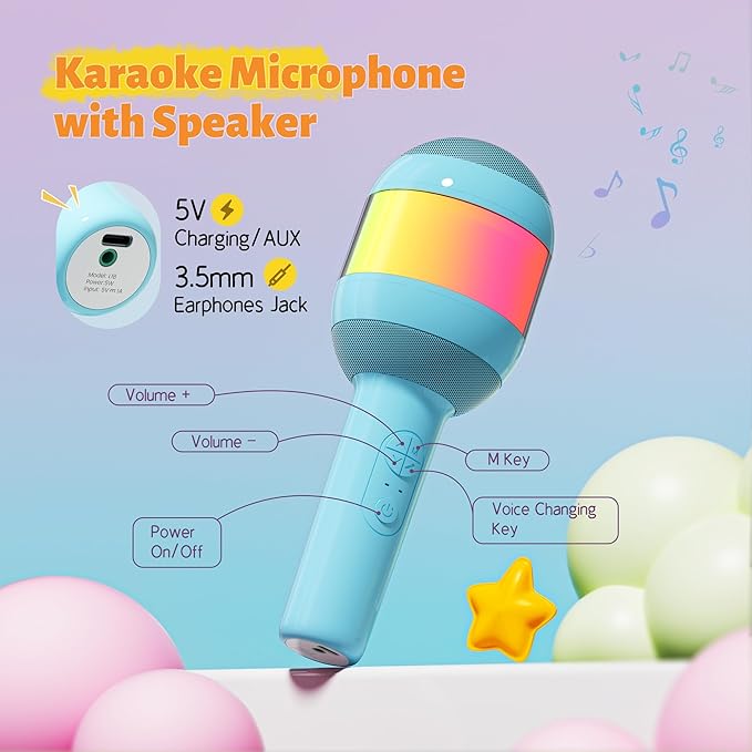 Karaoke Machine for Kids Adults, Portable Bluetooth Microphone Song Toys with LED Light, Best Chritmas Birthday Festival Party Gift for 3 4 5 6 7 8 9 10 11 12+ Year Old Girls Boys (Blue)