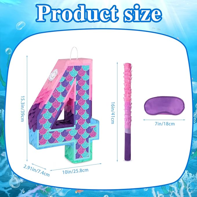 Mermaid Number 4 Pinata with Stick Blindfold for Girl 4th Birthday Party Decoration Colorful Paper Flaver Anniversary Celebration for Children's Ocean Mermaid Theme Carnival Event Decoration