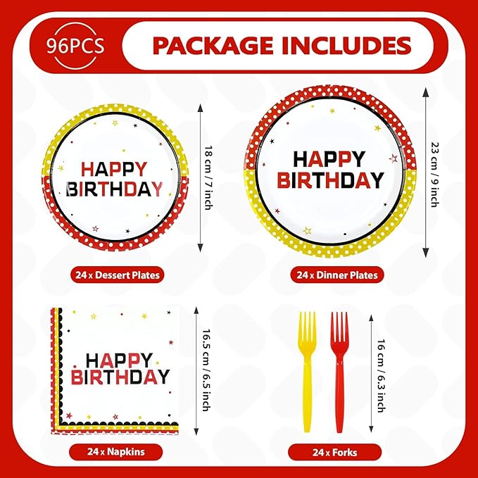 96Pcs Cartoon Mouse Birthday Decorations Mouse Theme Plates and Napkins Red Yellow White Polka Dot Decorations Favors for Kids Birthday Baby Shower Cartoon Theme Party Supplies Serves 24