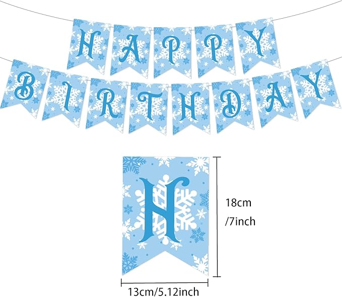Zwiebeco Blue White Snowflakes Happy Birthday Party Decoration Sign Banner Hanging Paper Swirls for Kids Girls Womens Adults Winter Wonderland Themed Accessories Supplies