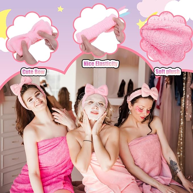 48 Pcs Spa Sleepover Party Supplies 12 Bow Headband 12 Plush Sleep Eye Mask Covers 12 Pair Fuzzy Sock 12 Gift Bags for Sleeping Sleepover Slumber Baby Shower Wedding Party Gift(Pink)