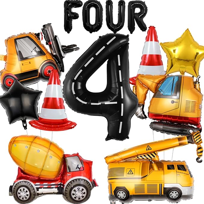 14pcs Construction Theme Birthday Party Decorations, Number 4 Large Construction Truck Traffic Cones Foil Balloon, 4th Boy Birthday Party Decoration Supplies (4th)