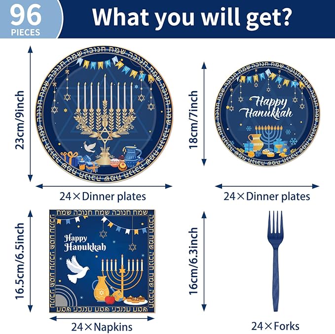 96PCS Happy Hanukkah Plates and Napkins - Hanukkah Decorations Chanukah Party Supplies Jewish Chanukah Disposable Tableware Set Serve 24 Guests