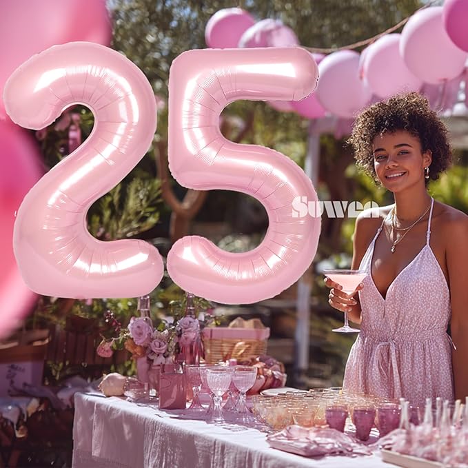 SUWEN 40 Inch Large Pink 25 Balloon Numbers Big Foil Helium Number Balloons 0-9 Jumbo Happy 25th Mylar Birthday Party Decorations for Women 52 Anniversary Party Supplies