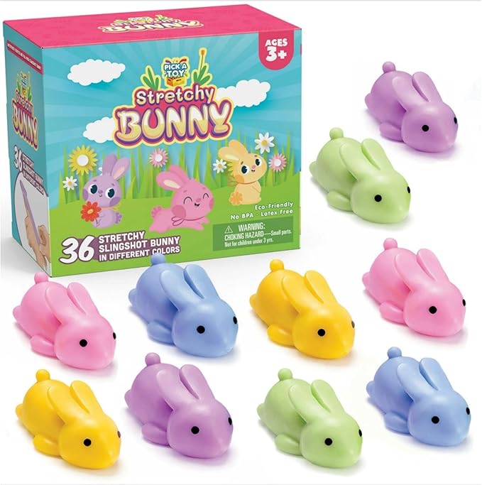 PICK A TOY Bunny Favor Toys for Girls and Boys, 36 Pcs Rubber Finger Flicker Stretchy Slingshot for Kids, Birthday Goodie Bag, Easter Egg Stuffers , Classroom Treasure Chest Treats