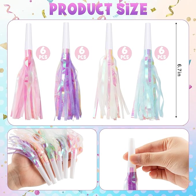 24 pcs Party Blowers, Noise Makers Glitter Metallic Fringed Party Horns for Birthday Blow Horns Graduation Sporting Party Favors Supplies