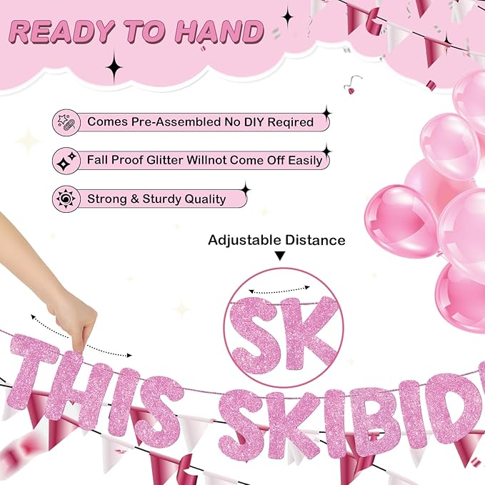 Fulmoon Pre Strung This Skibidi Rizzler Is 13 No Cap Glitter Banner 13th Birthday Party Decorations, Funny Birthday Sign, Party Supplies, Ideas, Gifts(Pink)