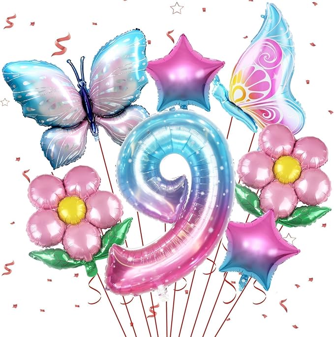 Sowide Butterfly Balloons 9th Birthday Decorations, Pink & Blue, 7pcs Including Giant Number 9, Butterfly, Flower & Star Balloons, Perfect for Girls' 9th Birthday Parties