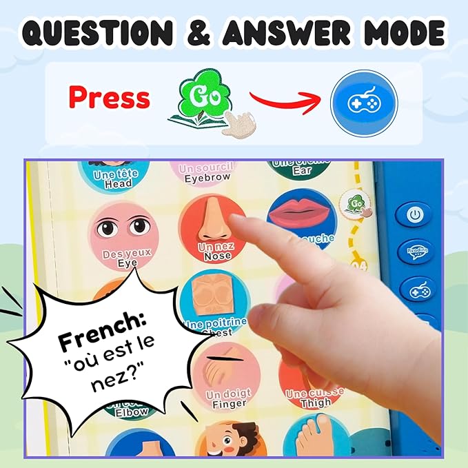 ZeenKind French English Talking Learning Book for Kids 2 3 4 5 6 Years Old, Learn French Interactive Audio Sound Books for Toddlers, Francais Educational Electronic Toys, Bilingual Musical Toy