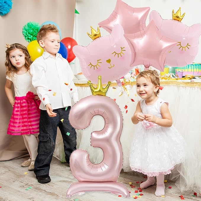 Pink Cat Balloon Set, Crown Cat Foil Balloon, 3 Year Old Girl Birthday Party Decoration, Cat Theme Party Decoration, Theme Party Supplies for Girls Kitten Pet Cat (3)