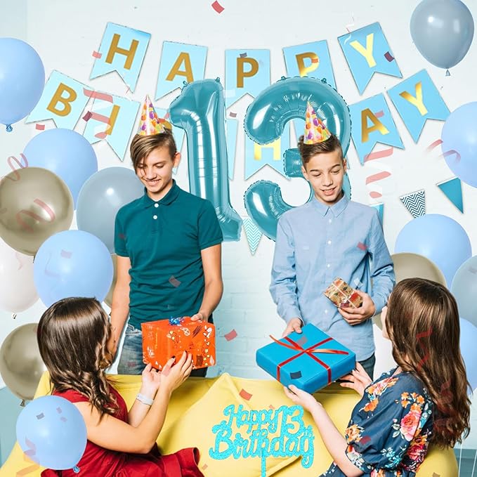 13th Birthday Decorations, Blue Happy Birthday Party Decorations With Teal Blue Number 13 Balloons Dusty Macaron Blue White Balloons Fringe Curtain Banner Cake Topper For Boy Girl Party Supplies