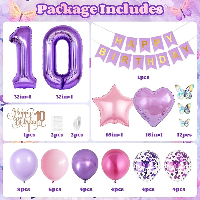 10th Birthday Decorations for Girl,Pink Purple 10th Butterfly Birthday Decorations 10th Birthday Balloons Pink Purple Birthday Banner Number 10 Balloons Cake Topper Butterfly Party Supplies for Girls