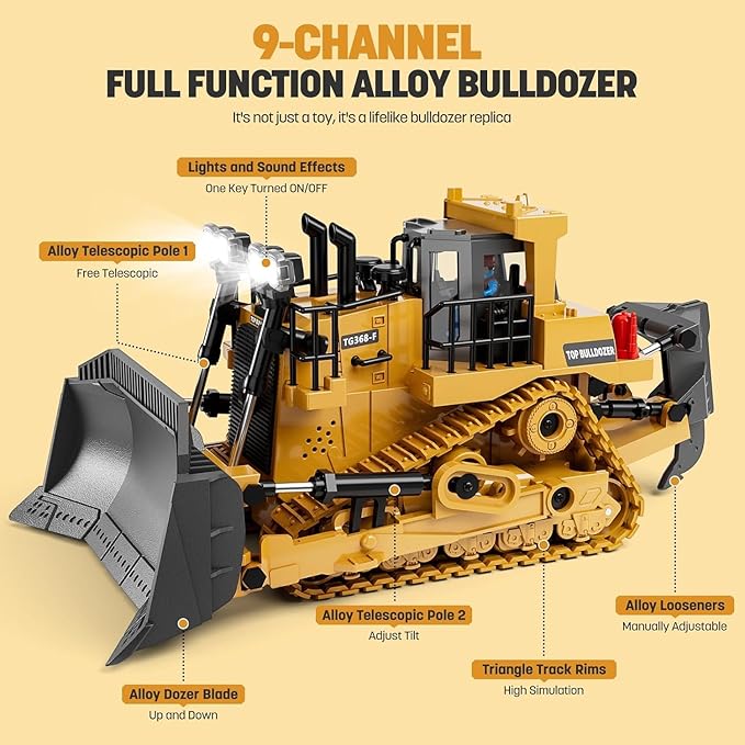 Remote Control Excavator (11-Channel), Dump Truck, Bulldozer, Loader (9-Channel), 2.4GHz Remote Control Construction Vehicles, Metal Construction, with Cool Lights and Sound Effects, 4-Pack