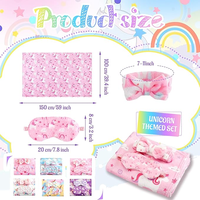 18 Pcs Sleepover Party Supplies for Girls, 6 Style Multicolor Blanket 6 Coral Fleece Spa Headband 6 Eye Mask Cover for Slumber Sleepover Spa Party (Unicorn)