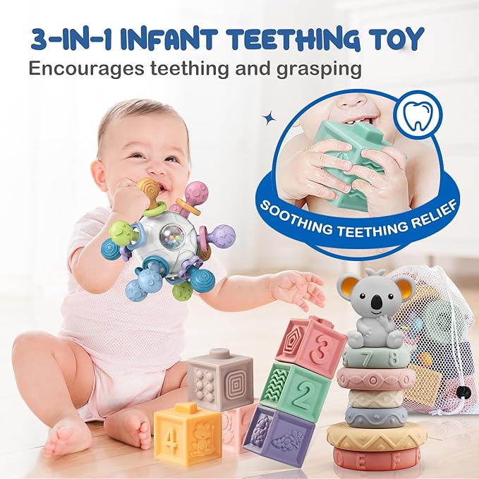 Montessori Baby Toys 3-in-1 Set for Sensory Development, Teething Toys, and Early Education - Gift for Toddler Baby 0-3-6-12-18 Months