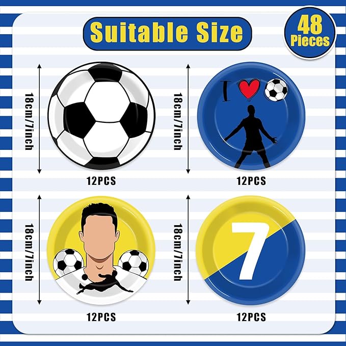 48Pcs Soccer Paper Plates Set Soccer Star Disposable Dessert Plates Supplies 7Inch Blue and Yellow Sports Ball Plate Sport Party Dinnerware Decorations for Birthday Baby Shower Party Decorations