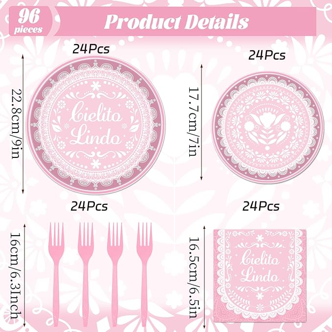 Rakuto Elomy Cielito Lindo Party Decoration Tableware, 96PCS Pink Cielito Lindo Disposable Paper Plates and Napkins Baby Shower Decoration, Mexican Themed Forks Decor Serve 24