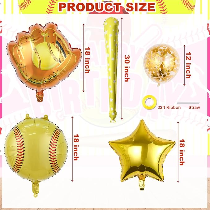 Softball Party Balloons,12pcs Softball Glove Foil Balloons,Bat Balloon confetti balloon for Sports Theme Supplies Gender Reveal Baby Shower Decoration,Boys Girls Birthdays Party Supplies