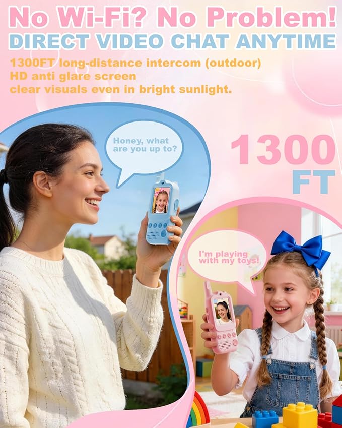 Video Walkie Talkies for Kids 2 Pack Rechargeable Video Intercom with Voice Changer, 1300FT Long Range Radios, Camping Hiking Toys, Birthday Gifts for Boys Girls Ages 3-12 (Pink&Blue)