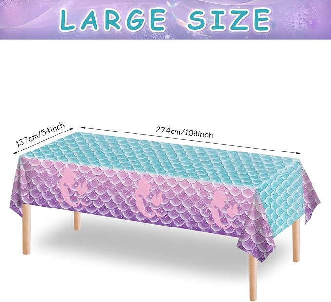 Jectivs 1Pcs Mermaid Birthday Party Tablecloth Decorations,Disposable Plastic Table Cover for Princess Under The Sea Baby Shower Themed Kids Birthday Party Supplies,108x54 Inch