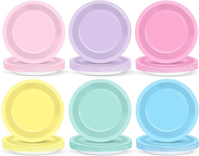 48Pcs Pastel Party Plates Spring Pastel Party Supplies 7" Pastels Paper Plates Disposable Rainbow Parties Decoration for Easter Wedding Colorful Dessert Plate Tableware Birthday Baby Shower Supplies