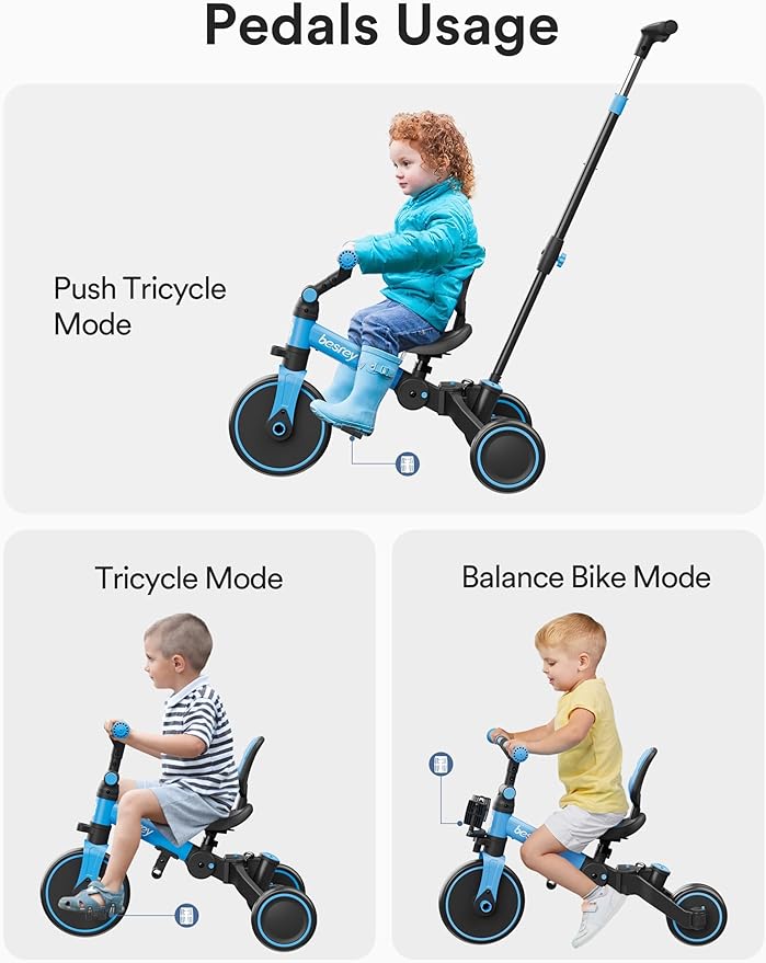 besrey 4 in 1 Toddler Bike, Toddler Tricycle for 1-3 Year Old, Trike with Push Handle, Backrest and Safety Belt, Birthday Gifts and Toys for Boys and Girls, Balance Bike (Blue)
