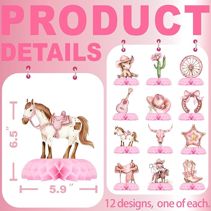 12 Pack Cowgirl Table Decorations - Cowgirl Party Decorations for Kids' Birthday and Themed Events - Cowgirl Table Toppers