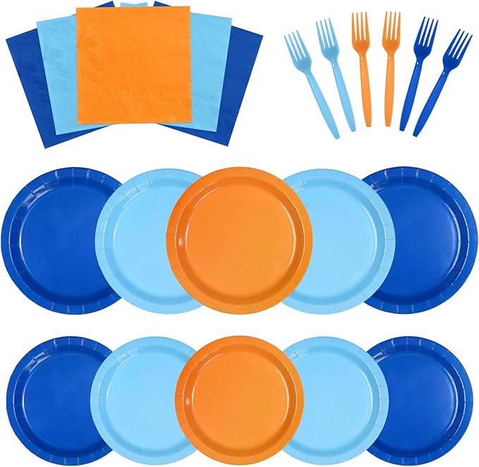 96Pcs Blue Theme Dog Birthday Party Decorations Blue Orange Dog Birthday Plates and Napkins Tableware Set Orange and Light Navy Blue Decoration for Boys Girls Cartoon Bday Party Supplies Serves 24