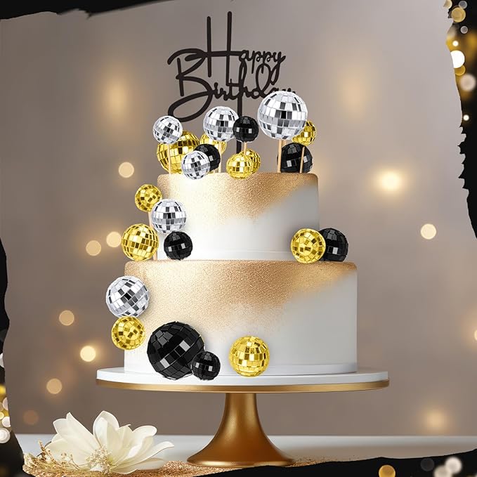 24 Pcs Disco Ball Cupcake Toppers Happy Birthday Cake Topper 1970s Retro Cake Decorations Shiny Pink Mini Disco Ball Toppers for 70s 80s Theme Party Supplies (Black, Gold, Silver)